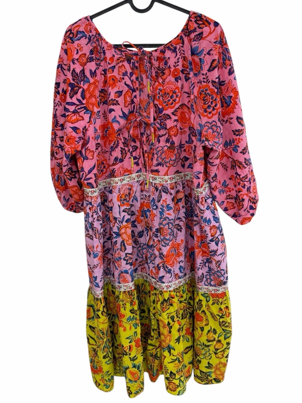 Anthropologie Mabel Floral Patchwork Boho Tiered Mini Dress in Pink size Large - Picture 4 of 6